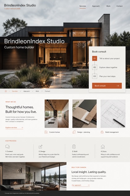 Architecture & Interiors website design for Canada, showing a clear opening, service information, supporting content, and a focused inquiry action.