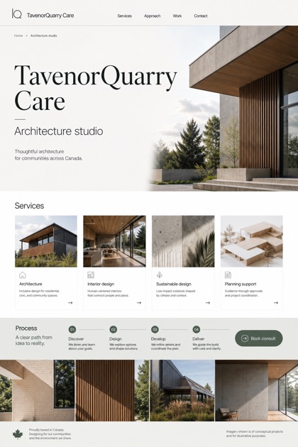 Architecture & Interiors website design for Canada, showing a clear opening, service information, supporting content, and a focused inquiry action.