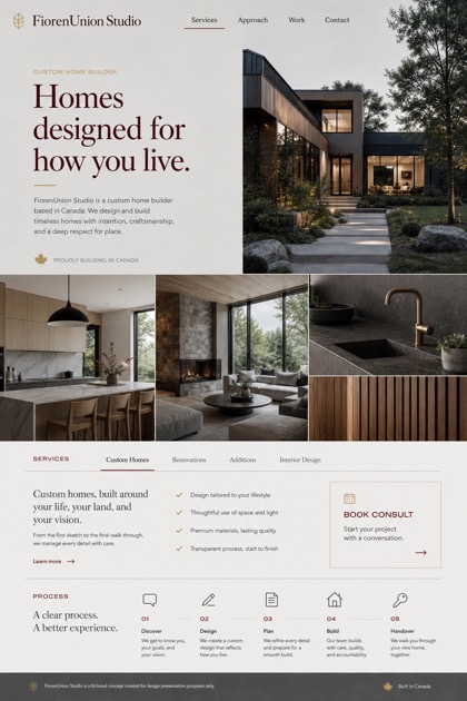 Architecture & Interiors website design for Canada, showing a clear opening, service information, supporting content, and a focused inquiry action.