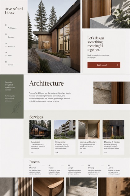 Architecture & Interiors website design for Canada, showing a clear opening, service information, supporting content, and a focused inquiry action.