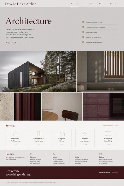 Architecture & Interiors website design for Canada, showing a clear opening, service information, supporting content, and a focused inquiry action.