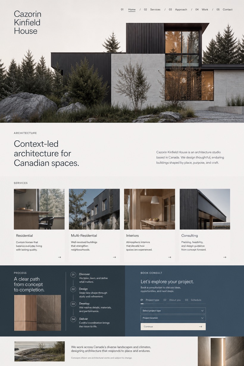 Architecture & Interiors website design for Canada, showing a clear opening, service information, supporting content, and a focused inquiry action.