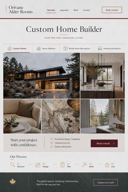 Architecture & Interiors website design for Canada, showing a clear opening, service information, supporting content, and a focused inquiry action.