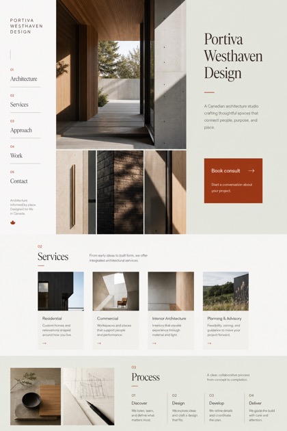 Architecture & Interiors website design for Canada, showing a clear opening, service information, supporting content, and a focused inquiry action.