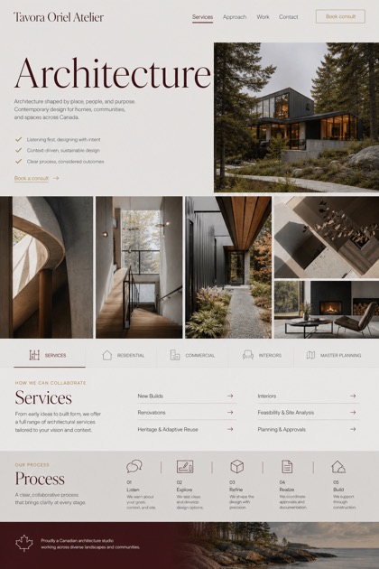 Architecture & Interiors website design for Canada, showing a clear opening, service information, supporting content, and a focused inquiry action.
