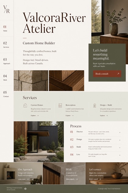 Architecture & Interiors website design for Canada, showing a clear opening, service information, supporting content, and a focused inquiry action.