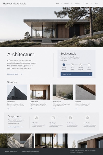 Architecture & Interiors website design for Canada, showing a clear opening, service information, supporting content, and a focused inquiry action.
