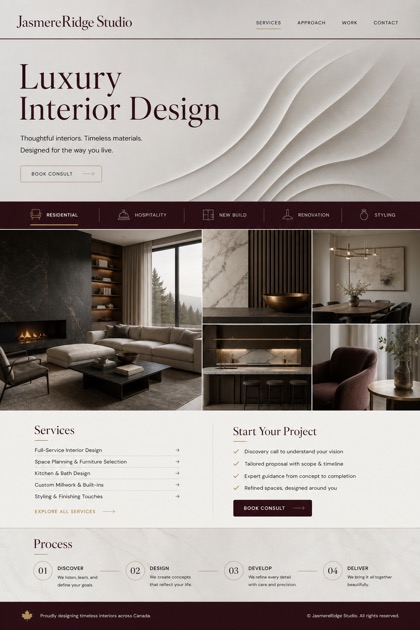 Architecture & Interiors website design for Canada, showing a clear opening, service information, supporting content, and a focused inquiry action.
