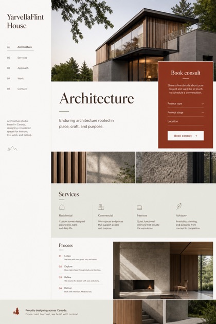 Architecture & Interiors website design for Canada, showing a clear opening, service information, supporting content, and a focused inquiry action.