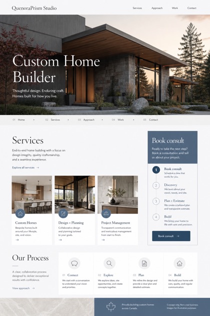Architecture & Interiors website design for Canada, showing a clear opening, service information, supporting content, and a focused inquiry action.