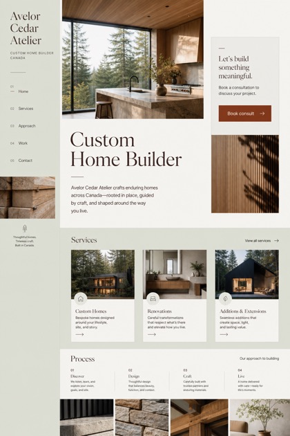 Architecture & Interiors website design for Canada, showing a clear opening, service information, supporting content, and a focused inquiry action.