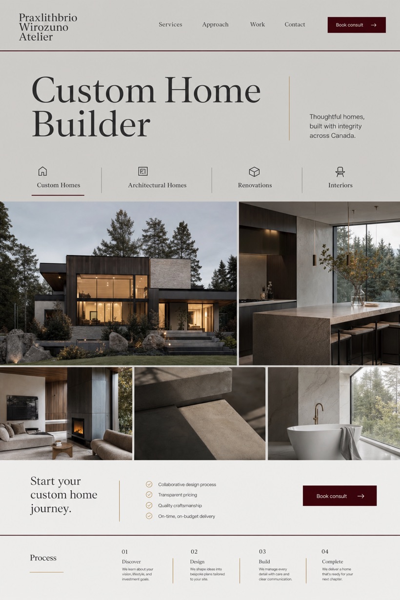 Architecture & Interiors website design for Canada, showing a clear opening, service information, supporting content, and a focused inquiry action.