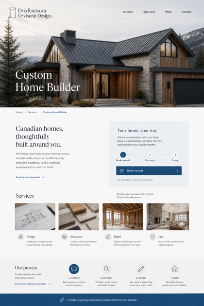 Architecture & Interiors website design for Canada, showing a clear opening, service information, supporting content, and a focused inquiry action.