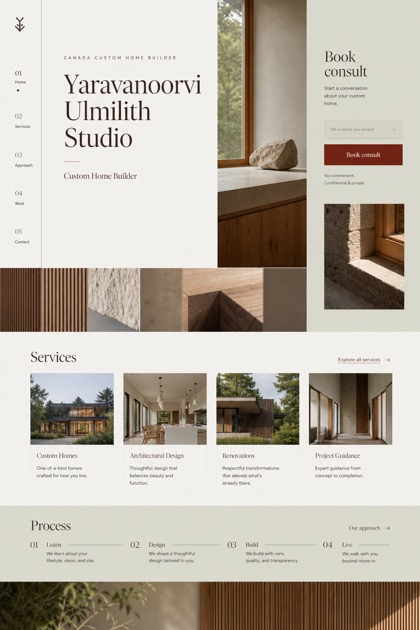 Architecture & Interiors website design for Canada, showing a clear opening, service information, supporting content, and a focused inquiry action.