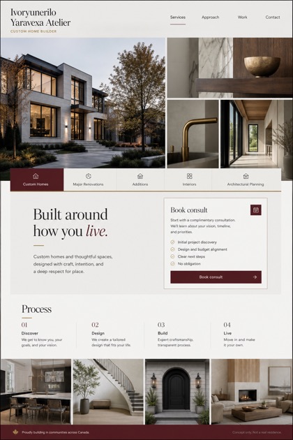Architecture & Interiors website design for Canada, showing a clear opening, service information, supporting content, and a focused inquiry action.