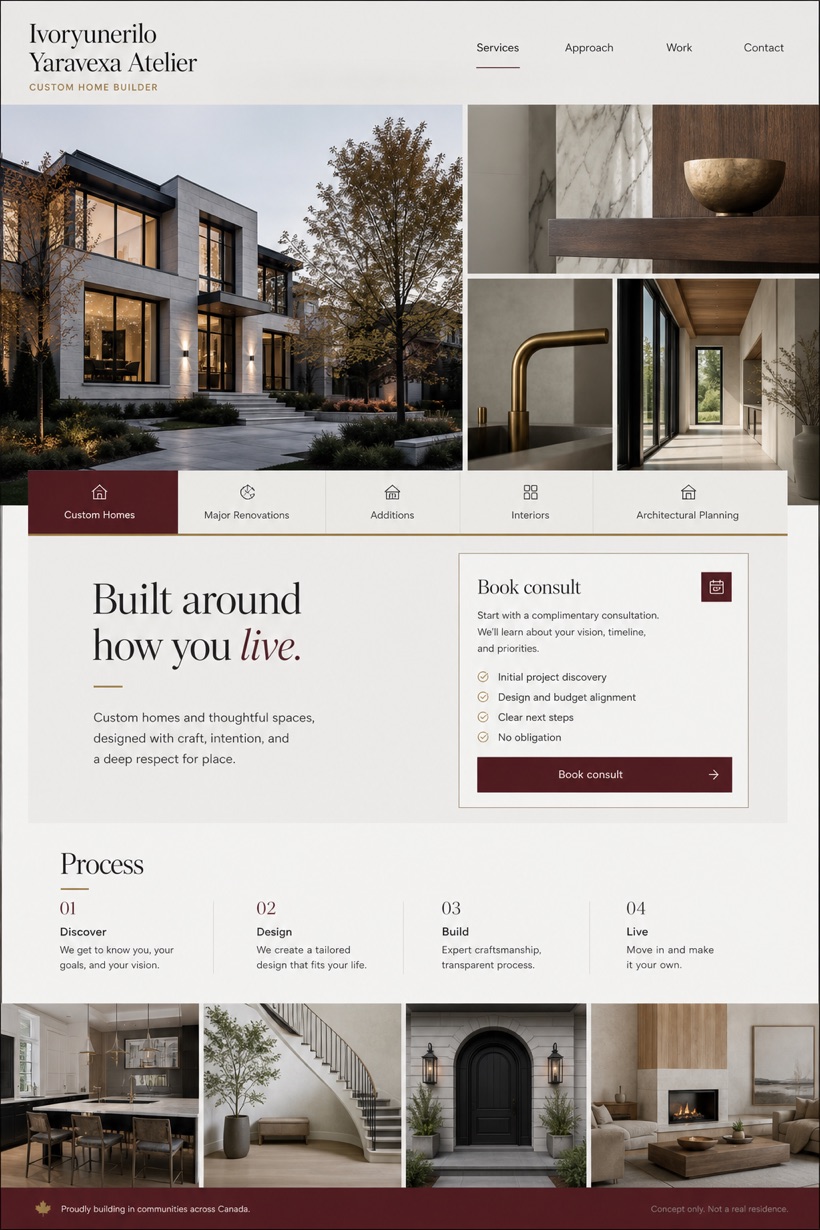 Architecture & Interiors website design for Canada, showing a clear opening, service information, supporting content, and a focused inquiry action.