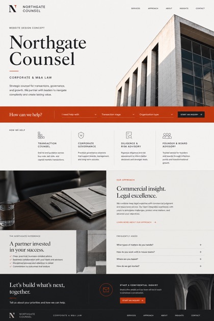 Fictional Northgate Counsel corporate law website concept with architecture-led masthead, inquiry rail, legal service cards, approach section, FAQ, and confidential inquiry CTA