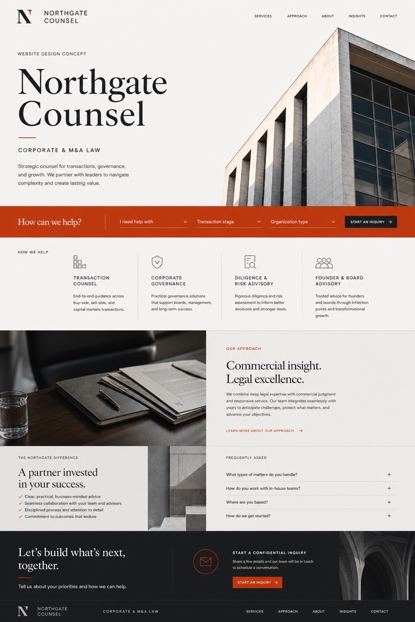 Fictional Northgate Counsel corporate law website concept with architecture-led masthead, inquiry rail, legal service cards, approach section, FAQ, and confidential inquiry CTA