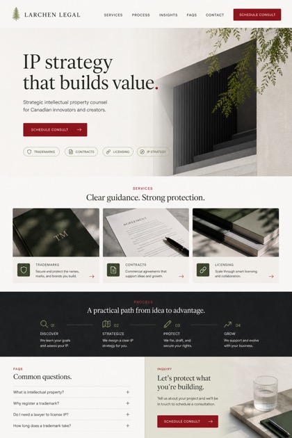 Legal website design for Canada, showing a clear opening, service information, supporting content, and a focused inquiry action.