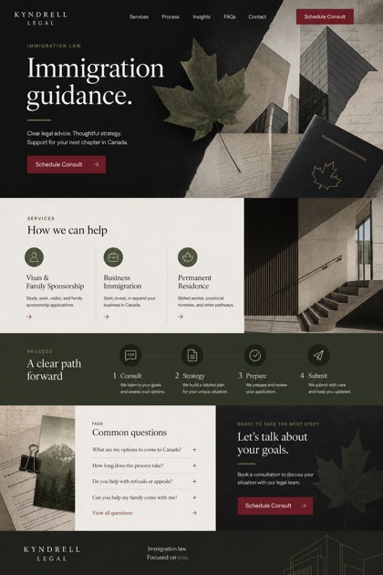 Legal website design for Canada, showing a clear opening, service information, supporting content, and a focused inquiry action.