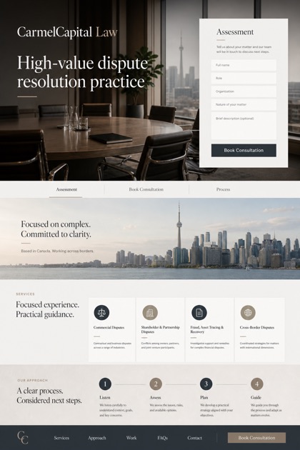 Legal website design for Canada, showing a clear opening, service information, supporting content, and a focused inquiry action.