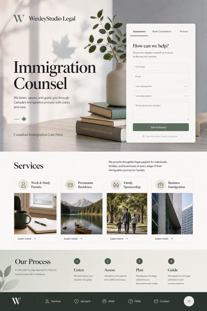Legal website design for Canada, showing a clear opening, service information, supporting content, and a focused inquiry action.