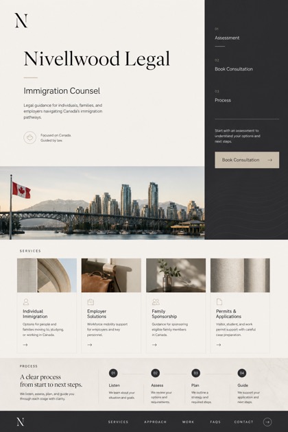 Legal website design for Canada, showing a clear opening, service information, supporting content, and a focused inquiry action.