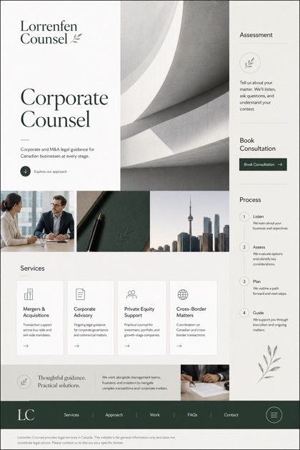 Legal website design for Canada, showing a clear opening, service information, supporting content, and a focused inquiry action.
