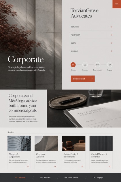 Legal website design for Canada, showing a clear opening, service information, supporting content, and a focused inquiry action.