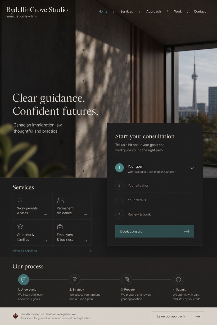 Legal website design for Canada, showing a clear opening, service information, supporting content, and a focused inquiry action.