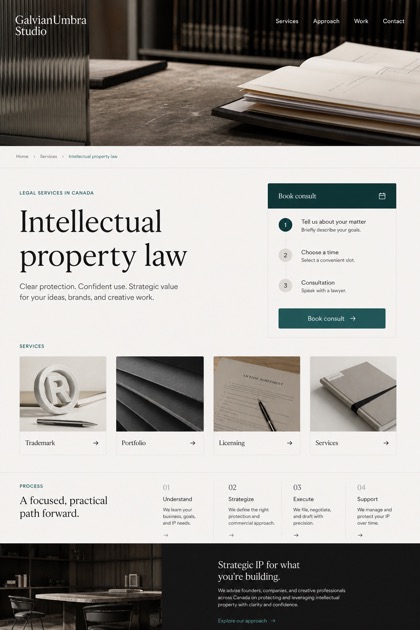 Legal website design for Canada, showing a clear opening, service information, supporting content, and a focused inquiry action.