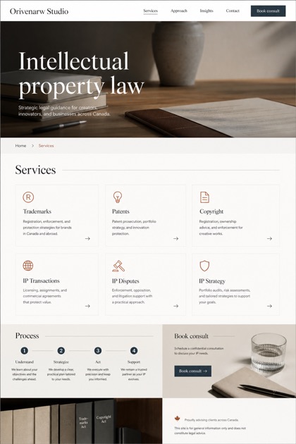 Legal website design for Canada, showing a clear opening, service information, supporting content, and a focused inquiry action.