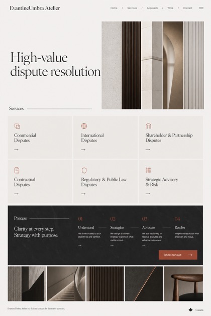 Legal website design for Canada, showing a clear opening, service information, supporting content, and a focused inquiry action.