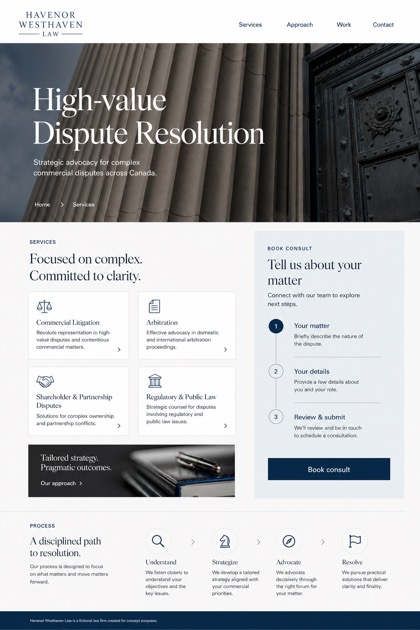 Legal website design for Canada, showing a clear opening, service information, supporting content, and a focused inquiry action.