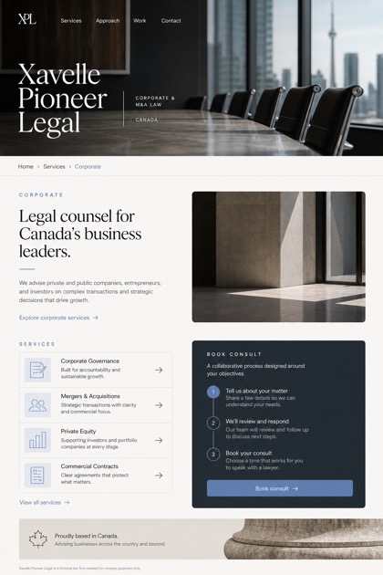 Legal website design for Canada, showing a clear opening, service information, supporting content, and a focused inquiry action.