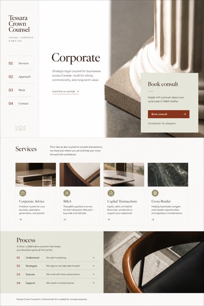 Legal website design for Canada, showing a clear opening, service information, supporting content, and a focused inquiry action.