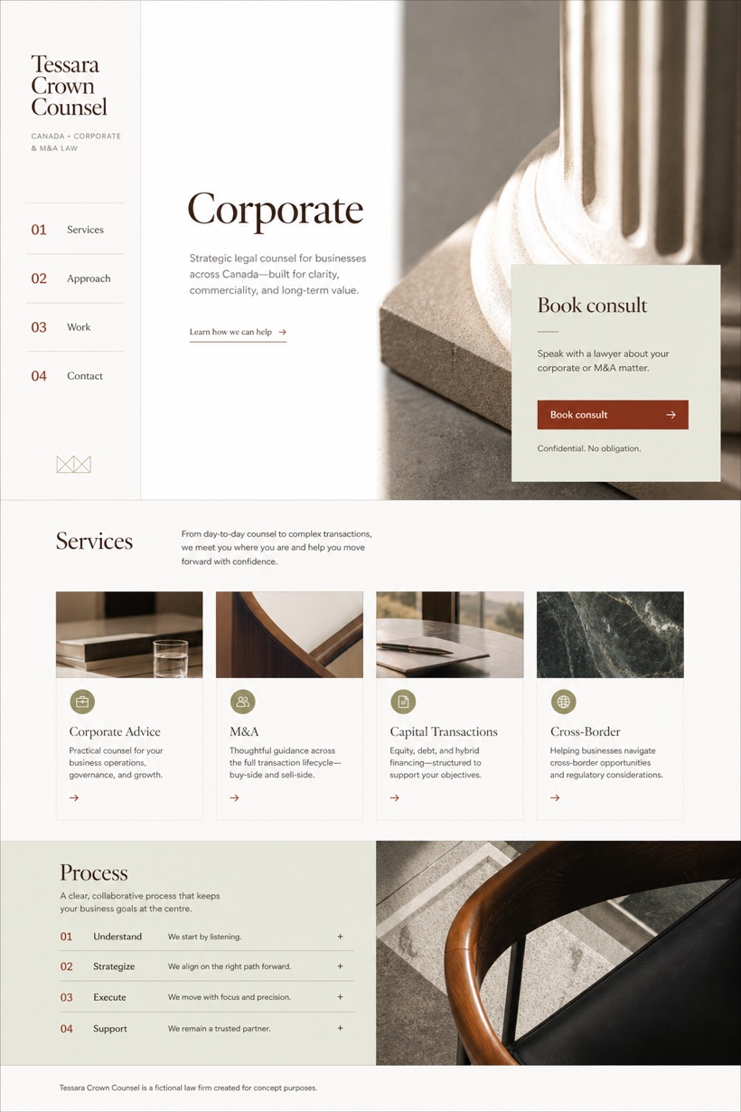 Legal website design for Canada, showing a clear opening, service information, supporting content, and a focused inquiry action.