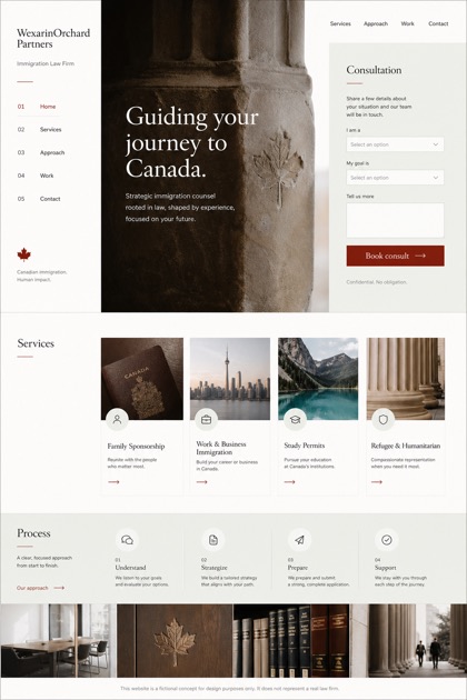 Legal website design for Canada, showing a clear opening, service information, supporting content, and a focused inquiry action.