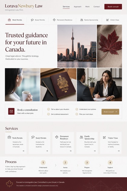 Legal website design for Canada, showing a clear opening, service information, supporting content, and a focused inquiry action.