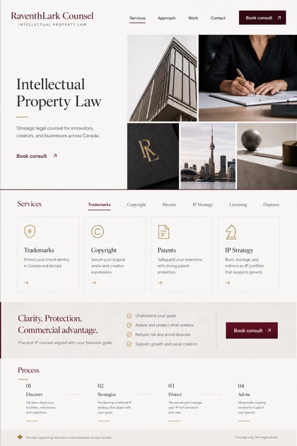 Legal website design for Canada, showing a clear opening, service information, supporting content, and a focused inquiry action.