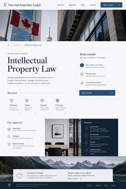 Legal website design for Canada, showing a clear opening, service information, supporting content, and a focused inquiry action.