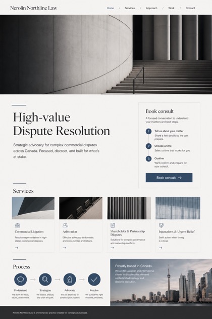 Legal website design for Canada, showing a clear opening, service information, supporting content, and a focused inquiry action.