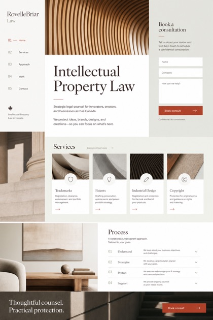 Legal website design for Canada, showing a clear opening, service information, supporting content, and a focused inquiry action.