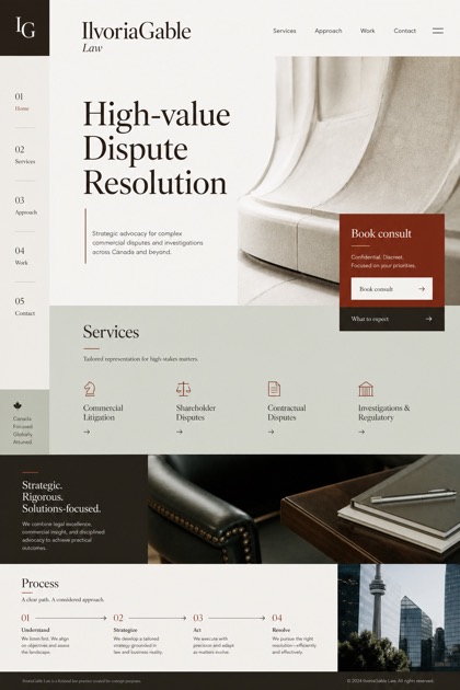 Legal website design for Canada, showing a clear opening, service information, supporting content, and a focused inquiry action.