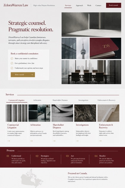Legal website design for Canada, showing a clear opening, service information, supporting content, and a focused inquiry action.