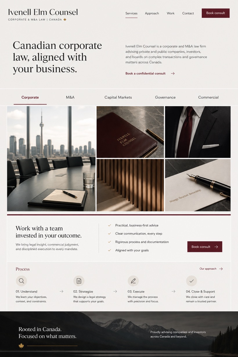 Legal website design for Canada, showing a clear opening, service information, supporting content, and a focused inquiry action.