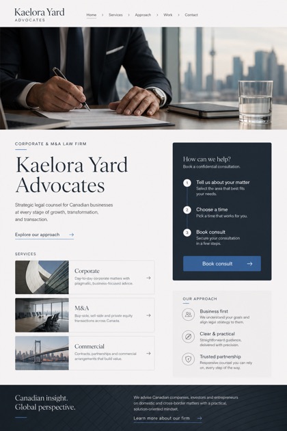 Legal website design for Canada, showing a clear opening, service information, supporting content, and a focused inquiry action.