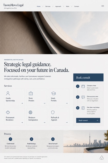 Legal website design for Canada, showing a clear opening, service information, supporting content, and a focused inquiry action.