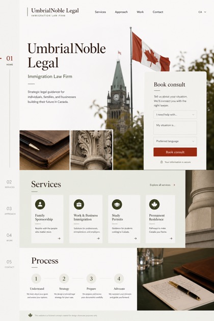 Legal website design for Canada, showing a clear opening, service information, supporting content, and a focused inquiry action.