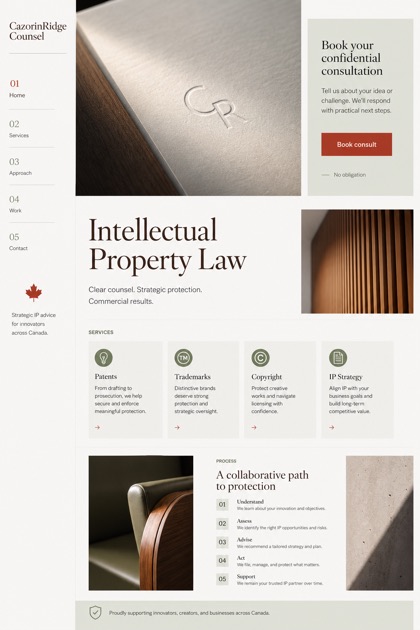 Legal website design for Canada, showing a clear opening, service information, supporting content, and a focused inquiry action.